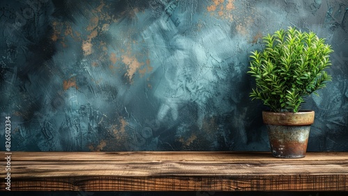 Charming Potted Plant in Rustic Pot on Wooden Surface with Distressed Blue Textured Wall Background.