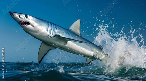 A majestic mako shark breaching the surface in a burst of speed  its sleek body arcing gracefully against the backdrop of a deep blue sky.