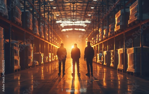 Silhouettes of three people standing in a large warehouse with industrial lighting and stacked goods, creating a dramatic visual effect. © Nat