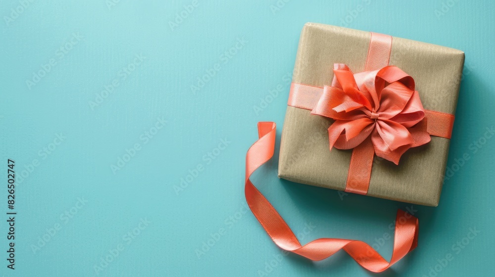 A gift box with a decorative ribbon bow, set on a flat lay solid color background with dried flowers and tropical leaves, featuring ample area for copy A gift box with a decorative ribbon bow, set on a flat lay solid color background with dried flowers and tropical leaves, featuring ample area for copy