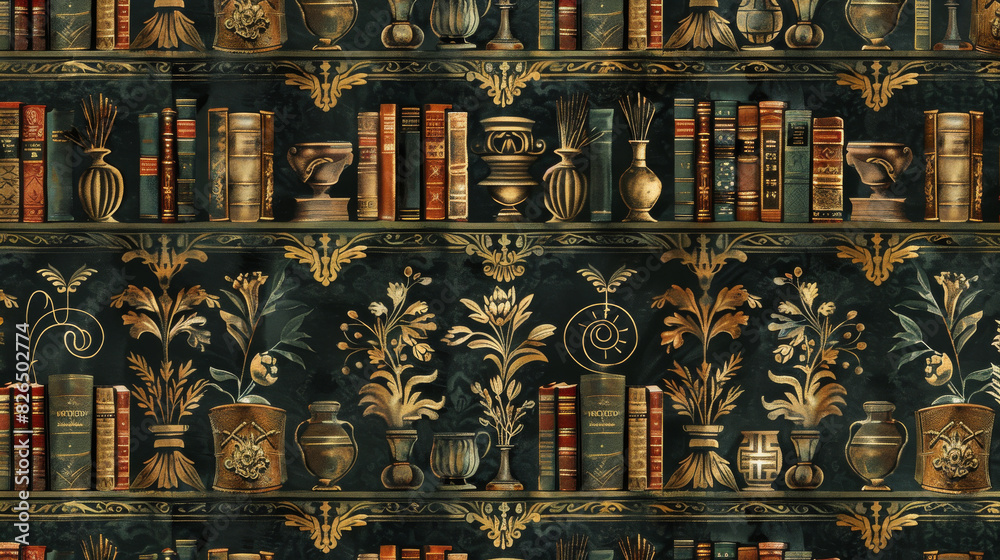 A bookcase with many books and vases A bookcase with many books and vases