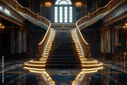 Regal golden Carpet Staircase with Ornate Golden railing, luxury Interior design
