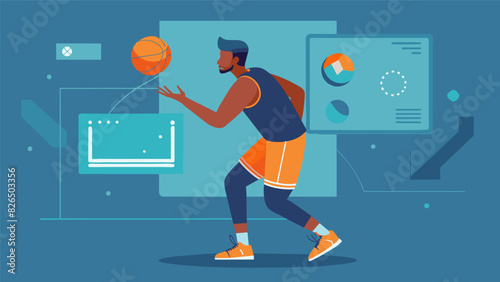 In a virtual training session a basketball player visualizes their shooting form and receives realtime analytics to improve their accuracy.. Vector illustration
