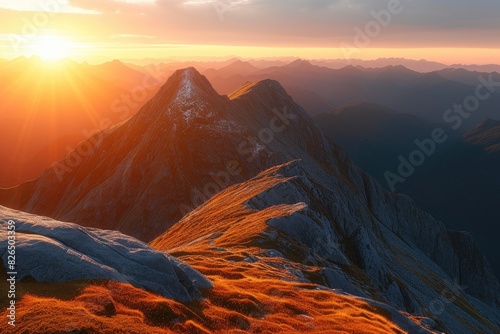 Golden Summit Tranquility: Dawn's Mountain Beauty