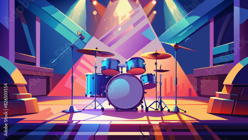Vibrant Concert Stage with Drum Set Under Spotlights