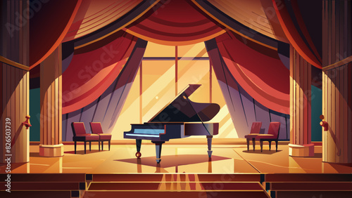 Elegant Concert Hall Interior with Grand Piano on Stage
