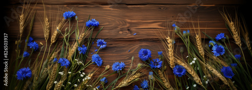 Wooden background with wheat and cornflowers with copy space.