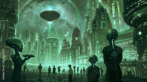 Art Deco depiction of a human delegation meeting advanced aliens for the first time, capturing the mix of apprehension and fascination as they bridge the communication gap, set against futuristic city photo