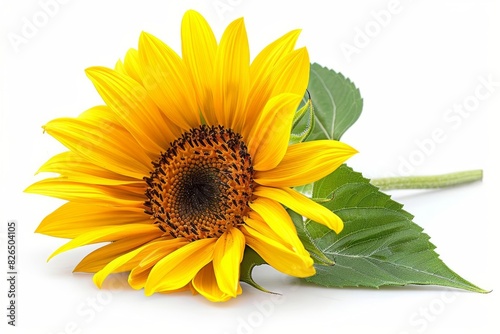 Close-up of a beautiful sunflower with vibrant yellow petals and green leaves, isolated on a white background. Ideal for floral and nature themes.