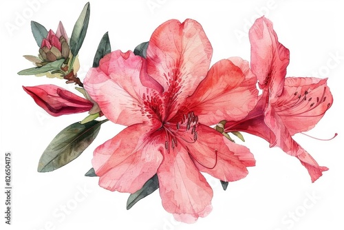 Elegant watercolor painting of pink azalea flowers and green leaves, ideal for home decor, art projects, and nature-themed designs on a white background.