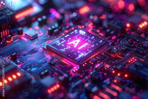 Artificial Intelligence (AI) concept, Abstract AI processor and quantum computer background.