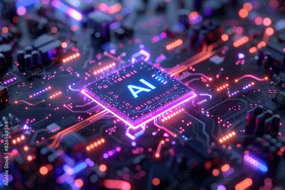 Artificial Intelligence (AI) concept, Abstract AI processor and quantum computer background.