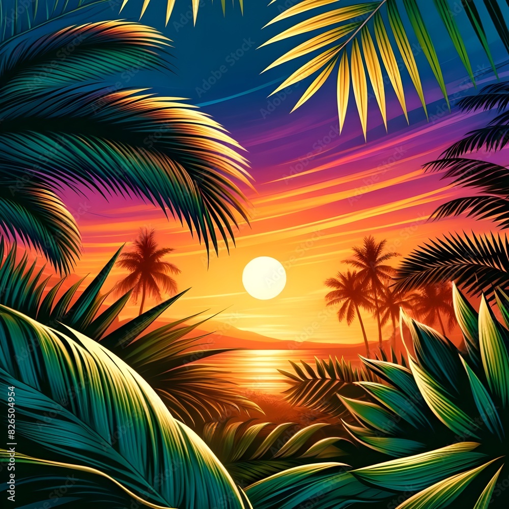 green coconut leaves with a stunning sunset background green coconut leaves with a stunning sunset background