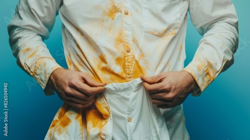 A man is wearing a white shirt with yellow stains on it © liliyabatyrova