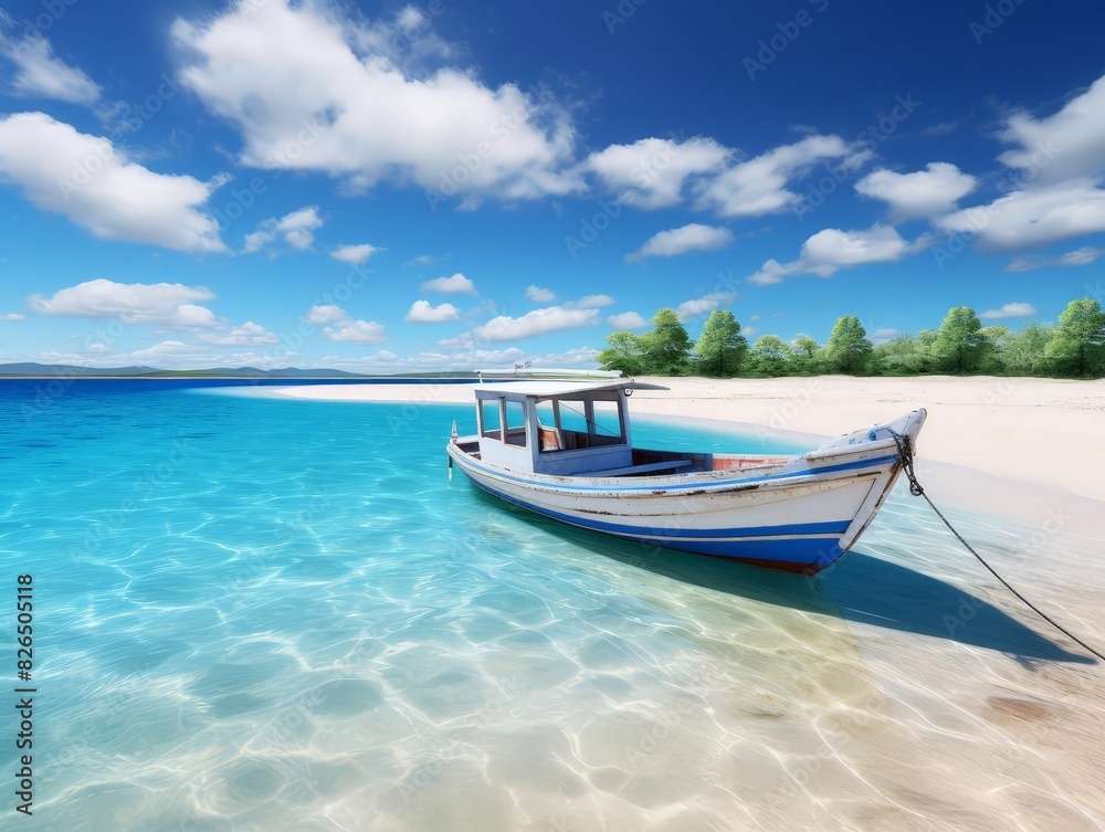 Boat anchored near a sandbar, representing a perfect getaway focus on, theme of relaxation, realistic, manipulation, tropical sea backdrop