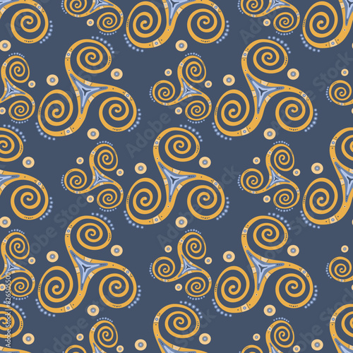 Neolithic triple spiral celtic triskele geometric symbol seamless pattern. Trinity
