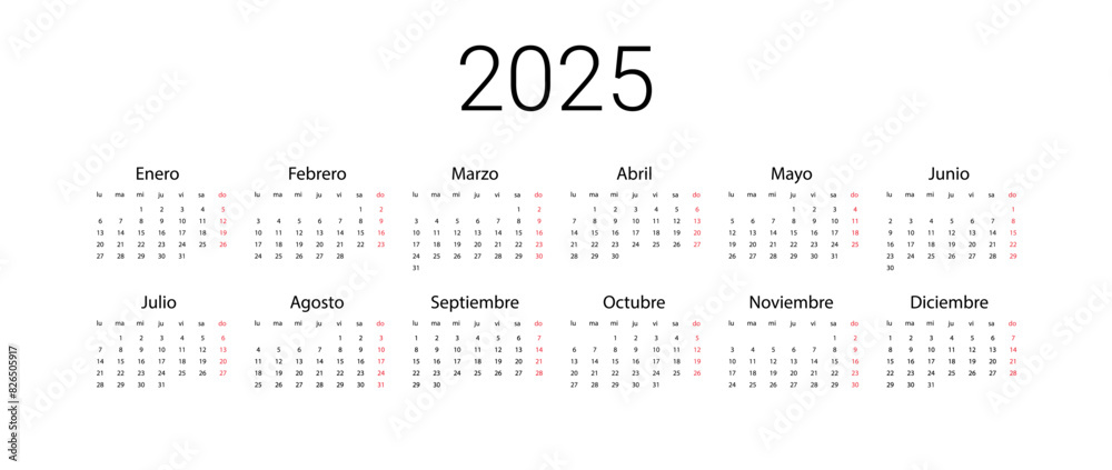 Spanish 2025 calendar. Vector illustration design template start from monday. Full months for wall calendar