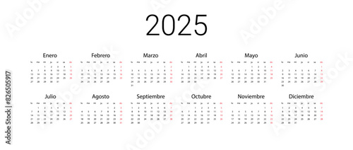 Obraz na płótnie Spanish 2025 calendar. Vector illustration design template start from monday. Full months for wall calendar w salonie