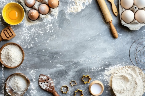 Overhead view of a baking setup with flour, eggs, rolling pin, and cookie cutters on a kitchen table, with space on the top right for customization photo