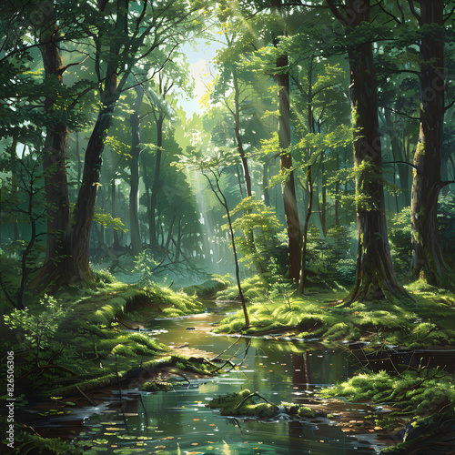 Majestic Forest Landscape Painted with Fine Brushstrokes under a Clear Blue Sky © Johnny