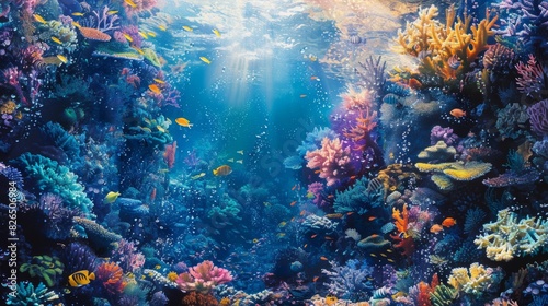 The vibrant activity of a coral reef, including colorful fish and diverse marine life, is captured in an artistic mosaic.