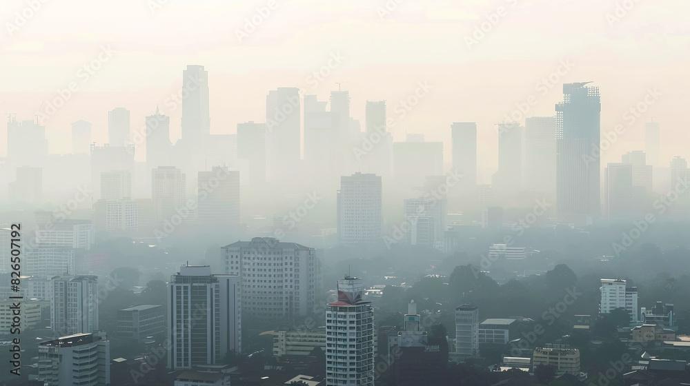 City skyline enveloped in thick smog causing low visibility and highlighting urban air pollution
