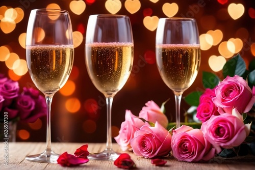 sparkling wine or champagne glasses and pink roses on table for festive romantic celebration