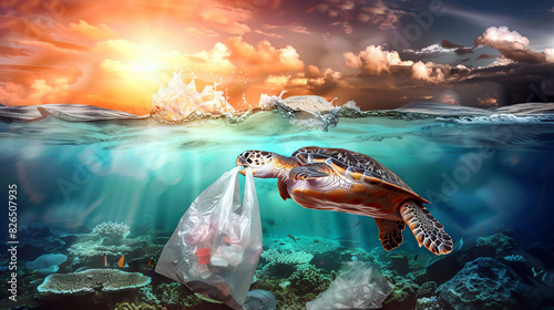 Sea turtle entangled with plastic pollution underwater in an ocean at sunset photo