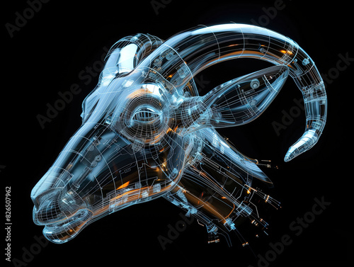 Glossy Beveled 3D Goat Head Isolated on Black Background