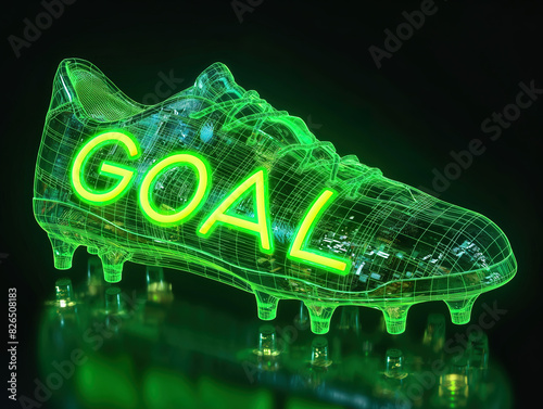 3d render of glowing green soccer boot with word 