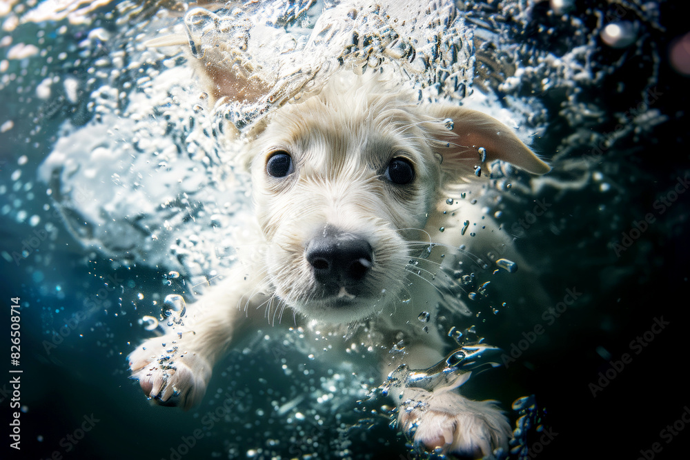 A white puppy swimming underwater, capturing a close-up view of its face and surrounded by bubbles. A white puppy swimming underwater, capturing a close-up view of its face and surrounded by bubbles.