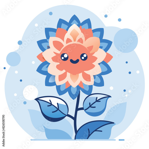 Smiling Cartoon Flower with Blue Petals and Leaves