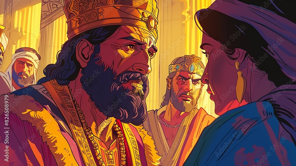 Fototapeta premium Delve into the vibrant cartoon scene depicting King Solomon's quest for divine wisdom and his wise ruling in the famous case of the two women, embodying justice, sagacity, and the essence of wise lead