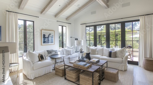 a minimalist living room adorned with white walls  featuring a solitary piece of abstract art  sparse furniture  and abundant natural light accentuating the simplicity and spaciousness