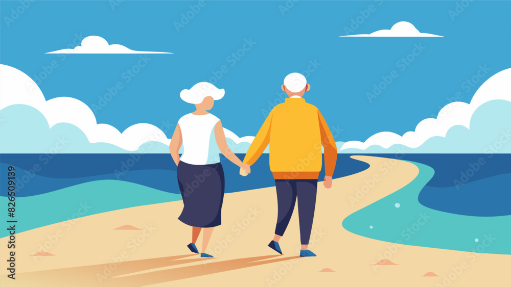 Walking hand in hand on a deserted beach the elderly couple pauses to pray together their words carried away by the wind.. Vector illustration