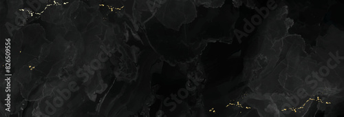 Elegant black marble surface vector design background. Golden kintsugi painting. Gothic black and gold long horizontal banner invitation. Charcoal stone or concrete dark wall. Abstract black ink waves