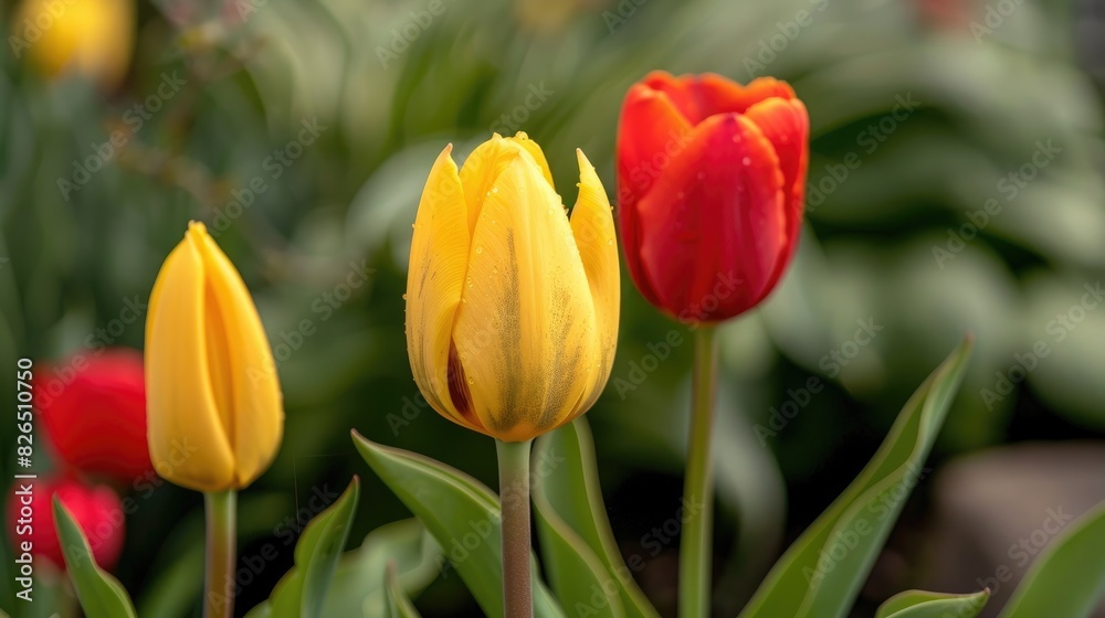 Close up shots of a tulip bud yellow tulip yellow tulip flower and blooming red tulips