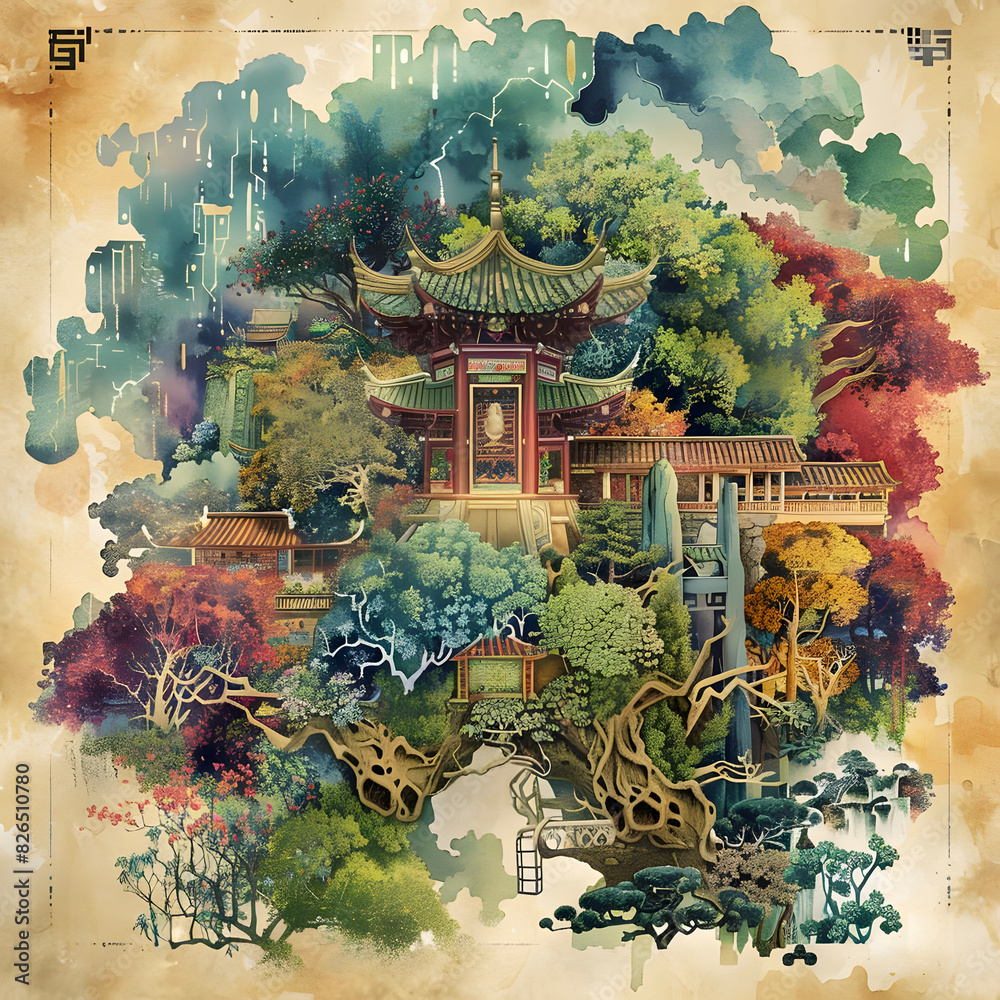 Obraz premium An illustration of a beautiful Chinese landscape with mountains, trees, and a river. The style is a mix of traditional Chinese painting and modern digital art. The colors are vibrant.