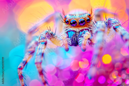 Close-up of a brightly colored spider with vibrant background bokeh. photo