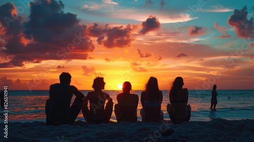 Raw capture of happy tourists of different ethnicities watching the sunset together on the beach  their silhouettes and the colorful sky creating a peaceful scene .