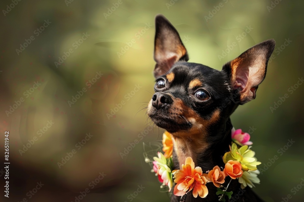 Adorable Chihuahua with Floral Collar Poses on Nature Background Adorable Chihuahua with Floral Collar Poses on Nature Background