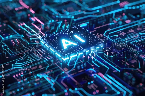 Artificial Intelligence (AI) concept, Abstract AI processor and quantum computer background.