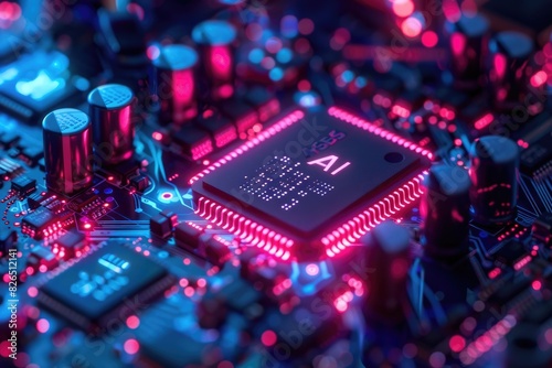 Artificial Intelligence (AI) concept, Abstract AI processor and quantum computer background.