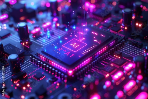 Artificial Intelligence (AI) concept, Abstract AI processor and quantum computer background.