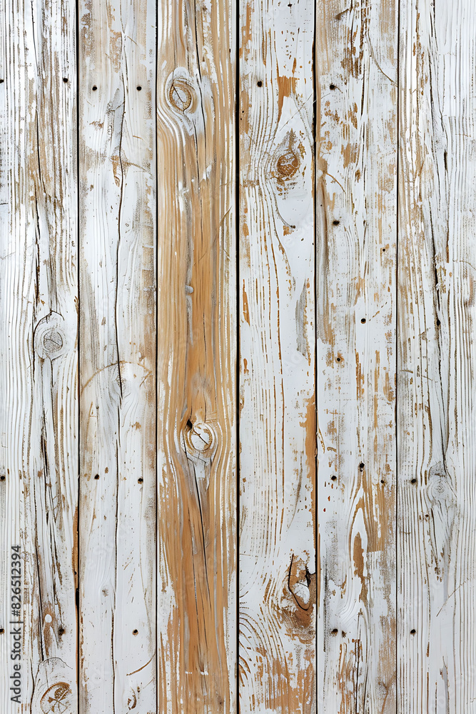 Naklejka premium High-resolution close-up of light oak wood texture with a white paint overlay, featuring visible grain and knots, and a rustic, vintage charm