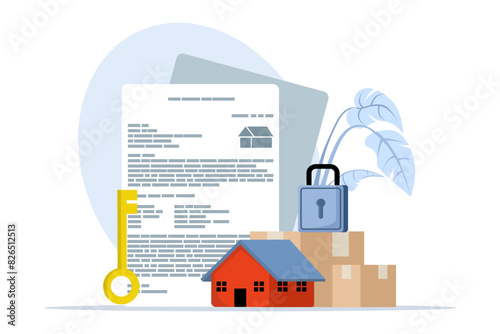 Home or property purchase concept, beautiful house with house purchase form, handover of documents, agreement form. house agreement concept in real estate agency. flat vector illustration.