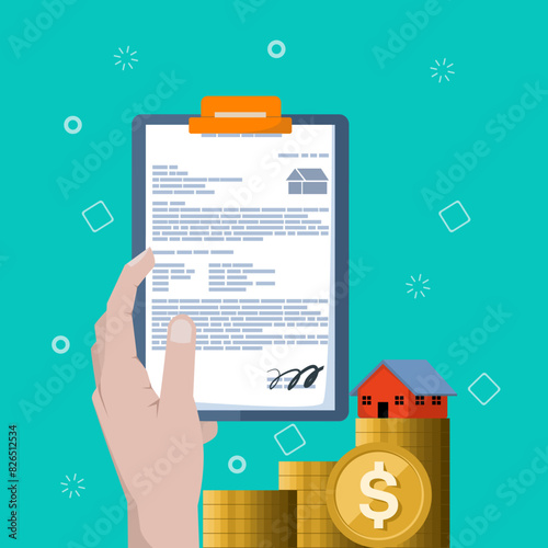 Home or property buying concept, beautiful house with house purchase form, handover of documents, agreement form. house agreement in real estate agent concept. flat vector illustration on background.