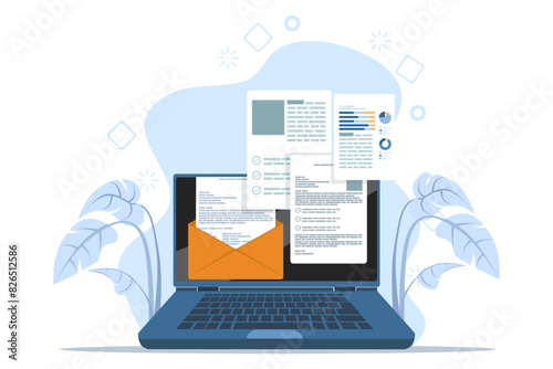 File manager or document storage concept, Laptop files and documents, Email Attachment Files, Online communication, Checking New Emails on Laptop Screen Display. flat vector illustration on background