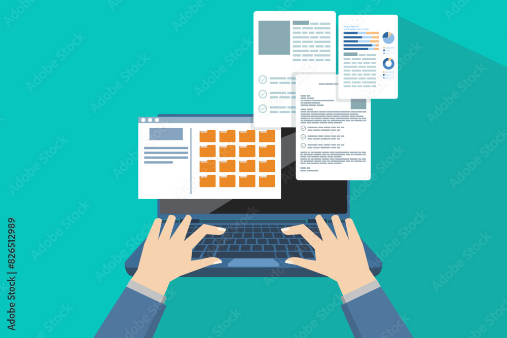 File manager or document storage concept, Laptop files and documents, Email Attachment Files, Online communication, Checking New Emails on Laptop Screen Display. flat vector illustration on background File manager or document storage concept, Laptop files and documents, Email Attachment Files, Online communication, Checking New Emails on Laptop Screen Display. flat vector illustration on background