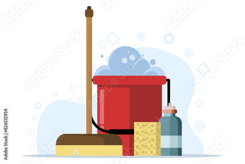 Cleaning equipment concept, water bucket icon, flat cartoon pail or pail with foam and bubbles, brush, foam sponge and soap, flat vector illustration isolated on background.